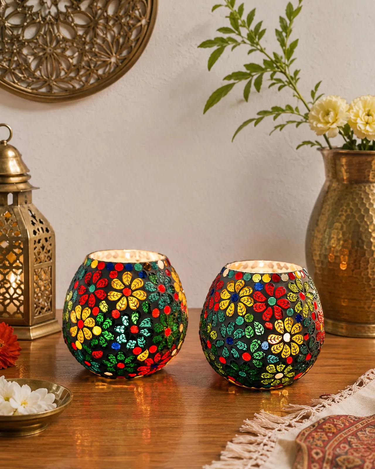 Mosaic Glass Tealight Pair